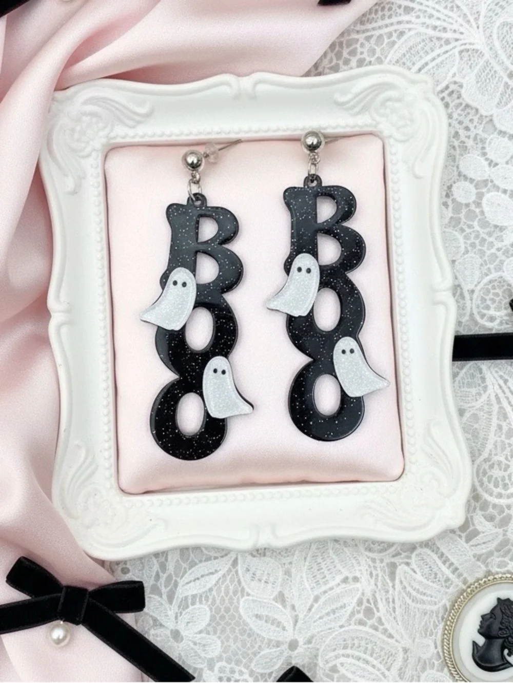 Spooky Season Glam Boo Ghost Statement Earrings Halloween Coquette Sparkly Fall